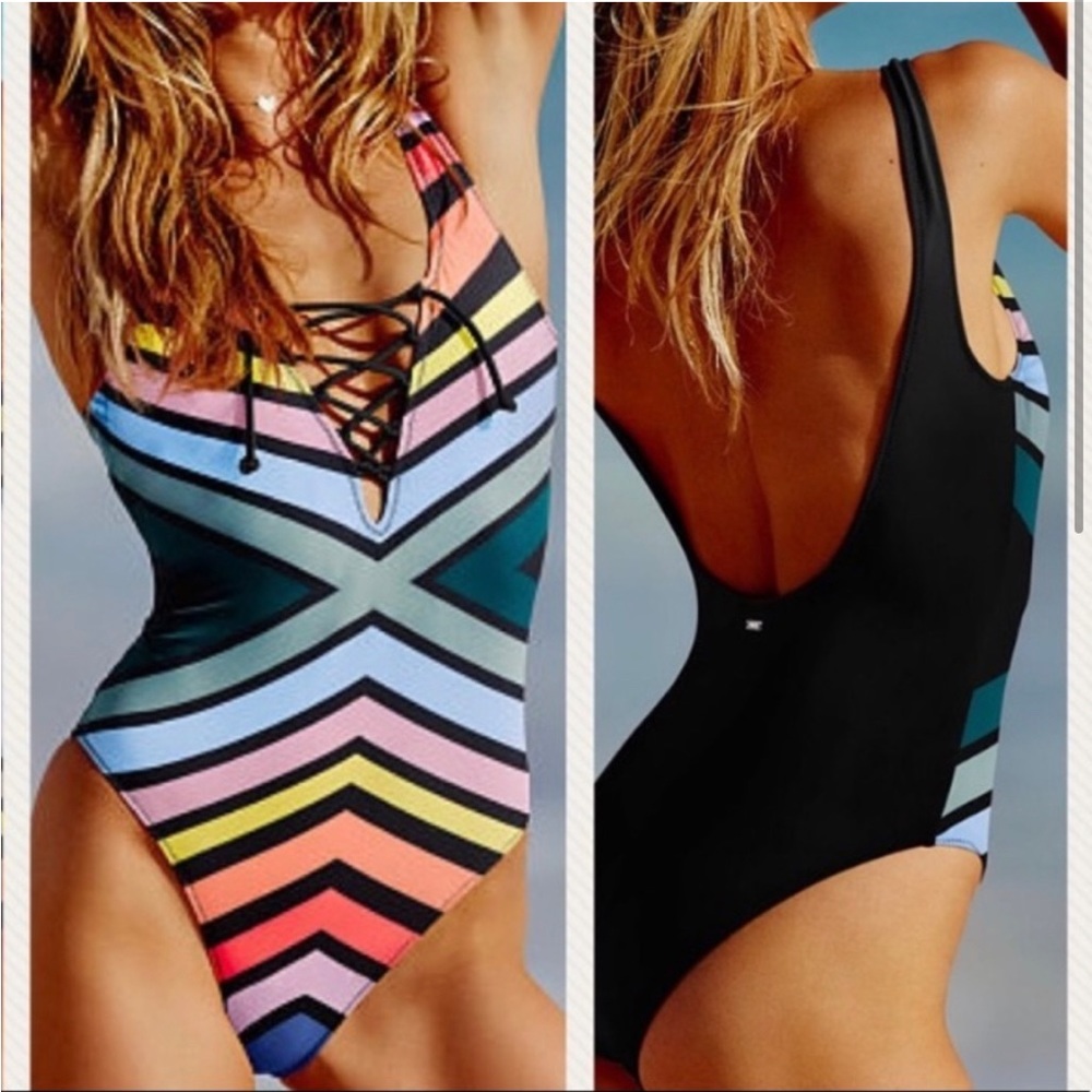 Victoria’s Secret PINK pastel rainbow striped one piece swimsuit